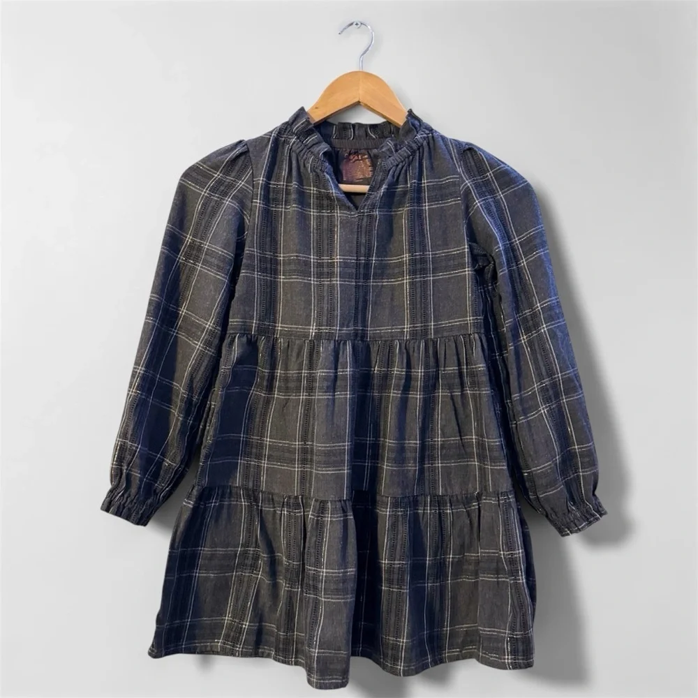 Cat & Jack Plaid Dress in Charcoal Grey with Gold Foil Accent Long Sleeve Kids M
